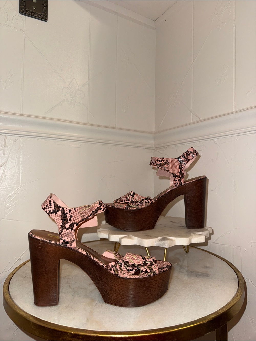 Pink Snake-Print Platform Sandals with Brown Wood Heel